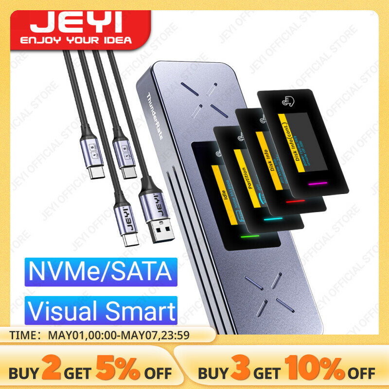 JEYI Visual Inteligente M.2 NVMe SATA SSD Enclosure, USB 3.2, Gen 2, 10Gbps, External M2 Adapter Case, Suporte M-Key B + M Key, UASP Trim