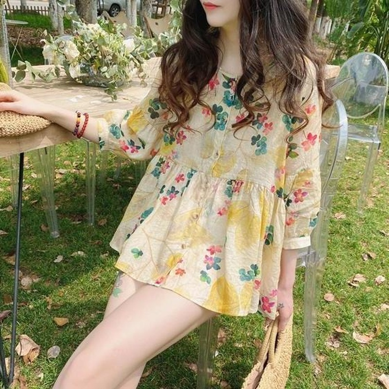 สุภาพสตรีใหม่กลางแขนเสื้อผู้หญิงฤดูร้อนเกาหลีรุ่นหลวมเสื้อ Western คำ fluffy เสื้อ