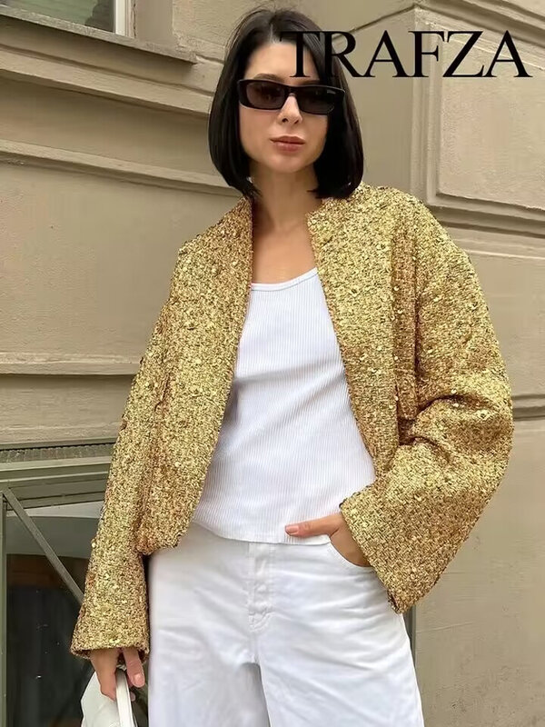 TRAFZA Women Trend Gold paillettes Decoration giacca corta allentata donna New Fashion Coat Versatile Warm Chic ed eleganti cappotti femminili