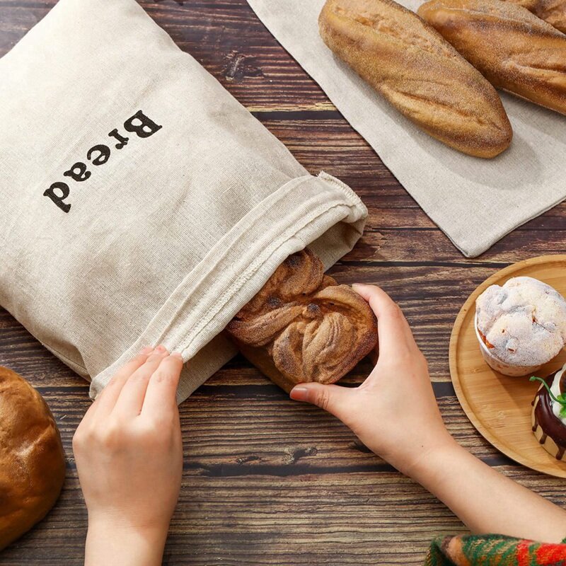 3 buah tas roti goni dapat digunakan kembali tali tarik tas roti seperti ditunjukkan unbleach Loaves tas kue kering penyimpanan makanan buatan tangan