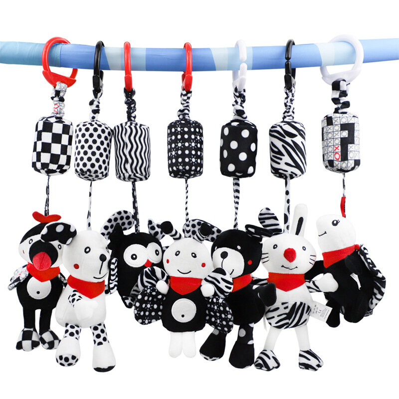 Cute animal vento carrilhão para o bebê, carrinho pingente, cama pendurada sino, brinquedo de pelúcia, preto e branco