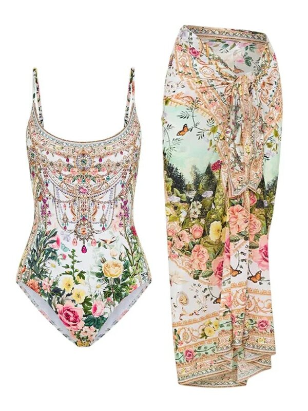 Bikini de lujo para mujer, traje de baño de una pieza con estampado de empalme de diamantes y flores de colores contrastantes, nuevo diseño para playa