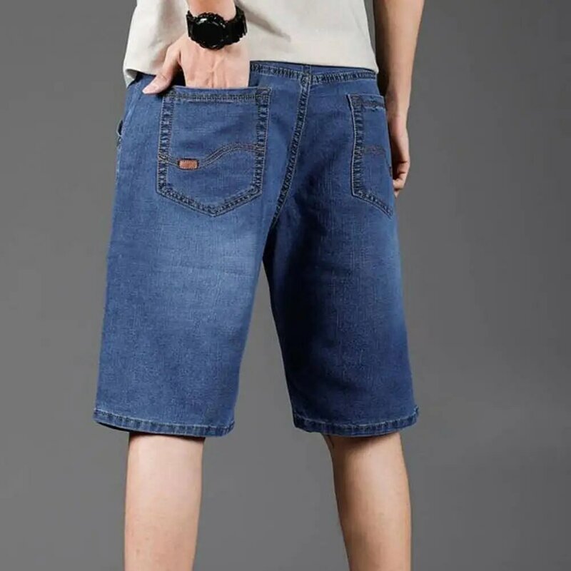 Celana pendek Denim pria, celana pendek Denim regang dengan kancing ritsleting kaki lurus warna Solid untuk Streetwear musim panas
