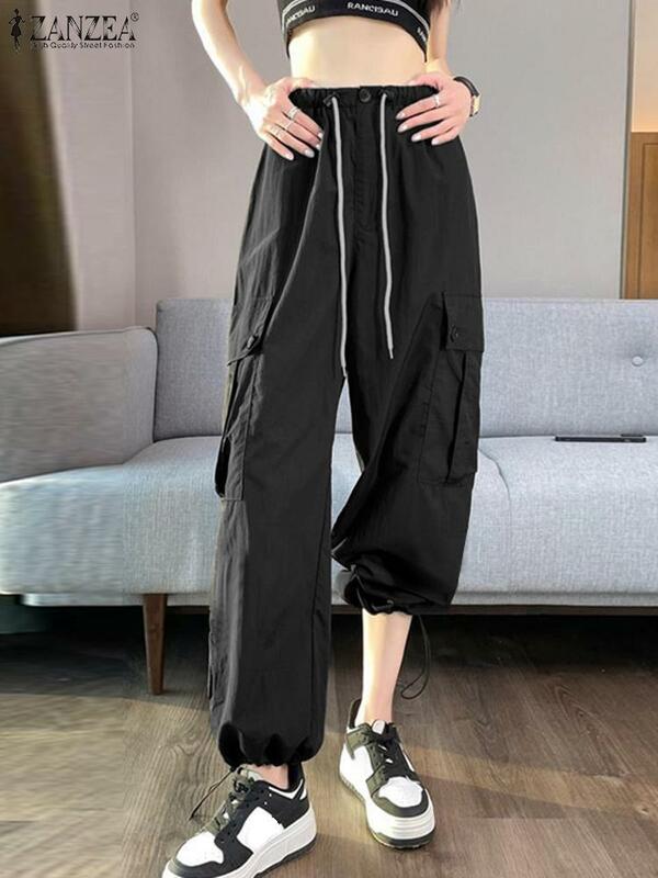 ZANZEA-Pantalones largos de cintura alta para mujer, ropa de calle informal, sólida, con bolsillos y cordón, Otoño, 2023