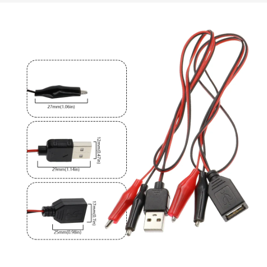 Connettori USB maschio e femmina clip di prova della batteria a coccodrillo cavo adattatore di alimentazione cavo rosso e nero lunghezza del cavo 50cm