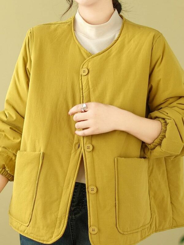 Fashion Solid Color Literary Winter Warm Single Breasted Jacket Women's Loose Versatile Long-sleeved Vintage Cotton Coat
