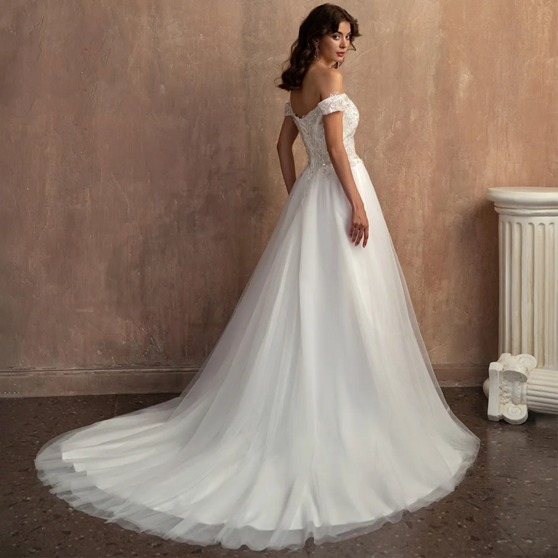 Precioso vestido de novia blanco con apliques de lentejuelas de encaje, vestido de novia largo hasta el suelo, con cuentas de perlas, hombros descubiertos