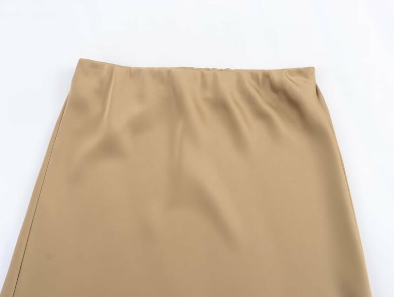 กระโปรงผ้าซาตินโจ๊กเกอร์แฟชั่นใหม่สำหรับผู้หญิงกระโปรงคลุมเข่า ROK high waist ย้อนยุคเวอร์ชันบางฤดูใบไม้ผลิ2024