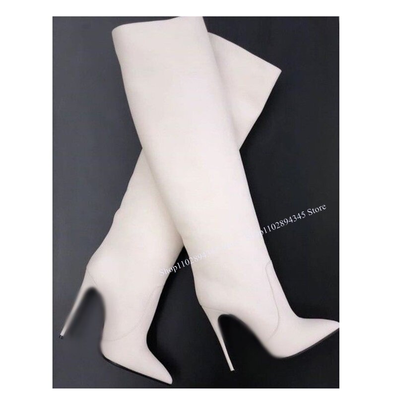 Botas femininas de zíper de couro alto para joelho, sapato fino, monocromático, elegante e sexy, inverno, 2024