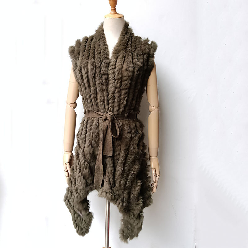 Colete feminino de pele de coelho real tricotado com cinto, colete solto sem mangas, colete de pele genuíno, preto, 2023
