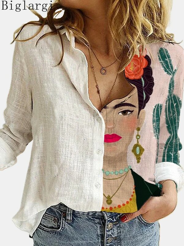 Camisa con estampado Floral para mujer, blusa informal holgada de algodón de manga larga, color blanco, para primavera y otoño, 2024