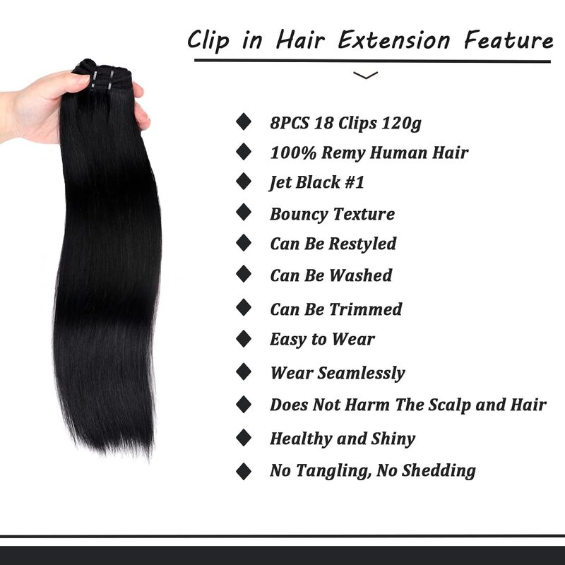 Clip em extensões de cabelo humano para mulheres, Remy brasileiro, reto, preto, 18 clipes, cabeça cheia, 120g, 1 cor, 8 pcs, conjunto