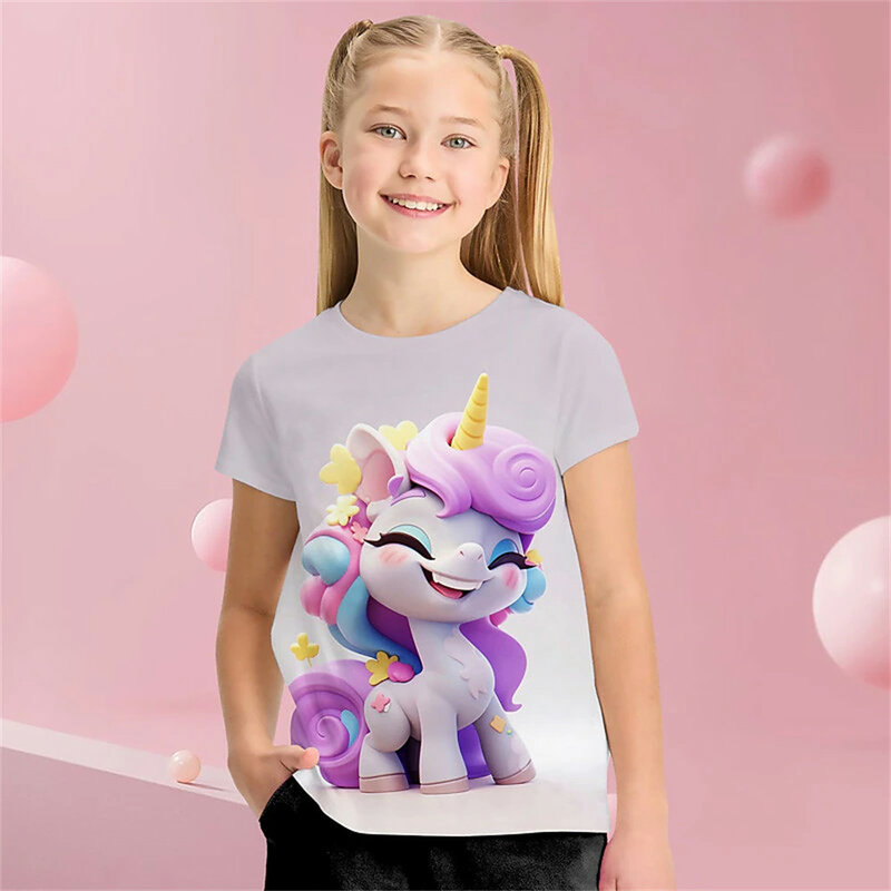 귀여운 프린트 반팔 티셔츠, 여아용 외투 의류, 귀여운 어린이 티셔츠, 2024 여름 신상