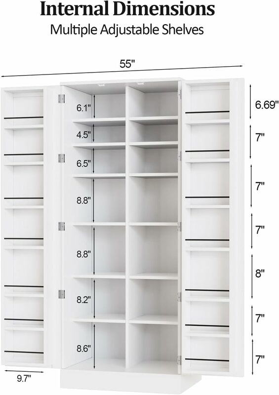 Pantry Cabinet,Tall White Kitchen Storage Cabinet with 2 Doors and Adjustable Shelves, 59" H Food Storage Freestanding Cupboard
