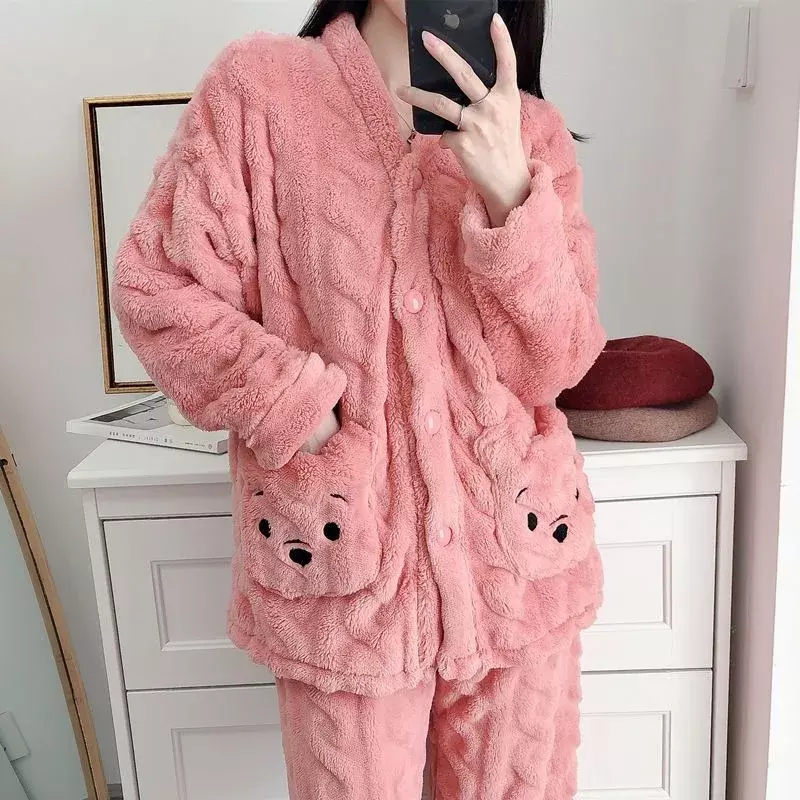 2024 Autumn and Winter New Women Outcoat Flannel Pajamas Autumn Thickened Warm Suit Loose Comfortable Homewear Casual Jacket