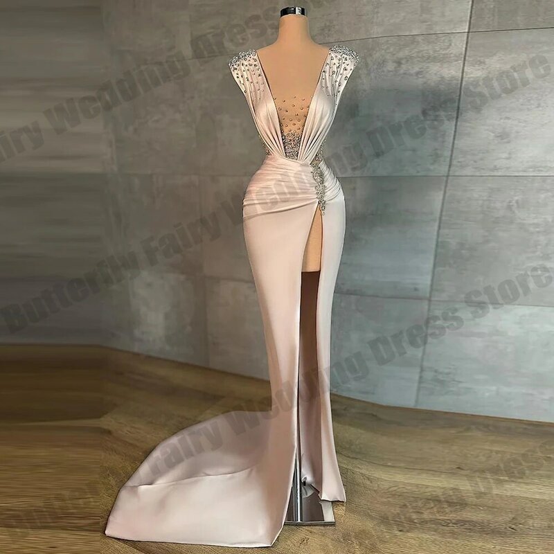 Fascinante luxo cristal vestidos de noite para mulheres, lindo vestido de baile de sereia frisado, vestido formal de alta divisão, 2024