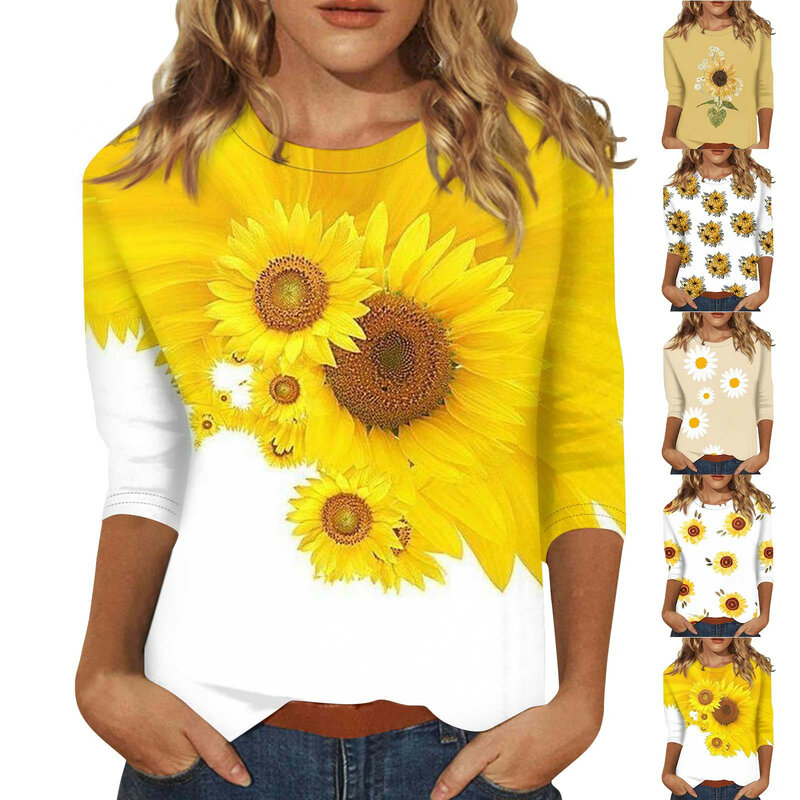 Blusa casual com estampa floral feminina, blusa com decote em O, mangas 3/4, camisas e blusas elegantes, tamanho grande, verão