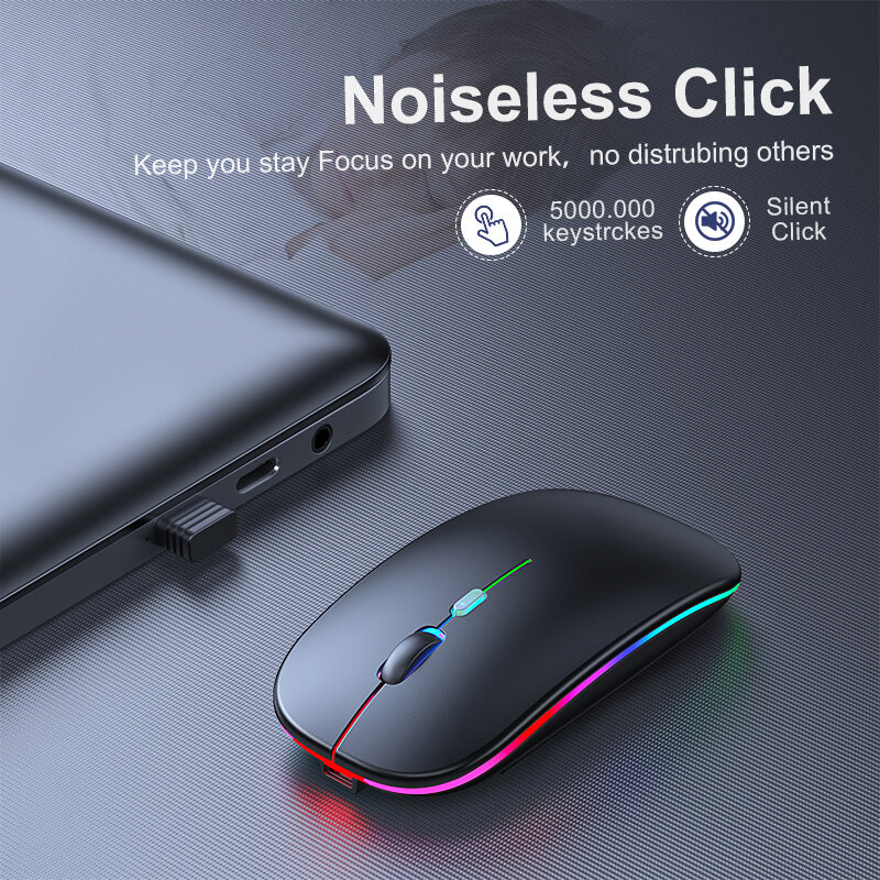 Mouse nirkabel komputer RGB Bluetooth, Mouse nirkabel Bluetooth senyap dapat diisi ulang untuk Laptop ergonomis pc dengan kabel usb