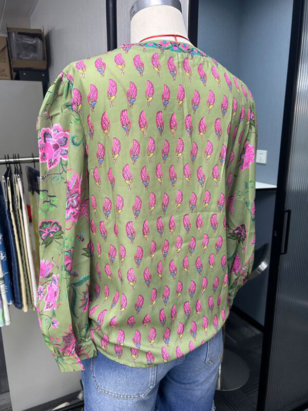 Bloemenpaneel Grafische Print V-Hals Top Dames Knoop Voorkant Shirt Blouses