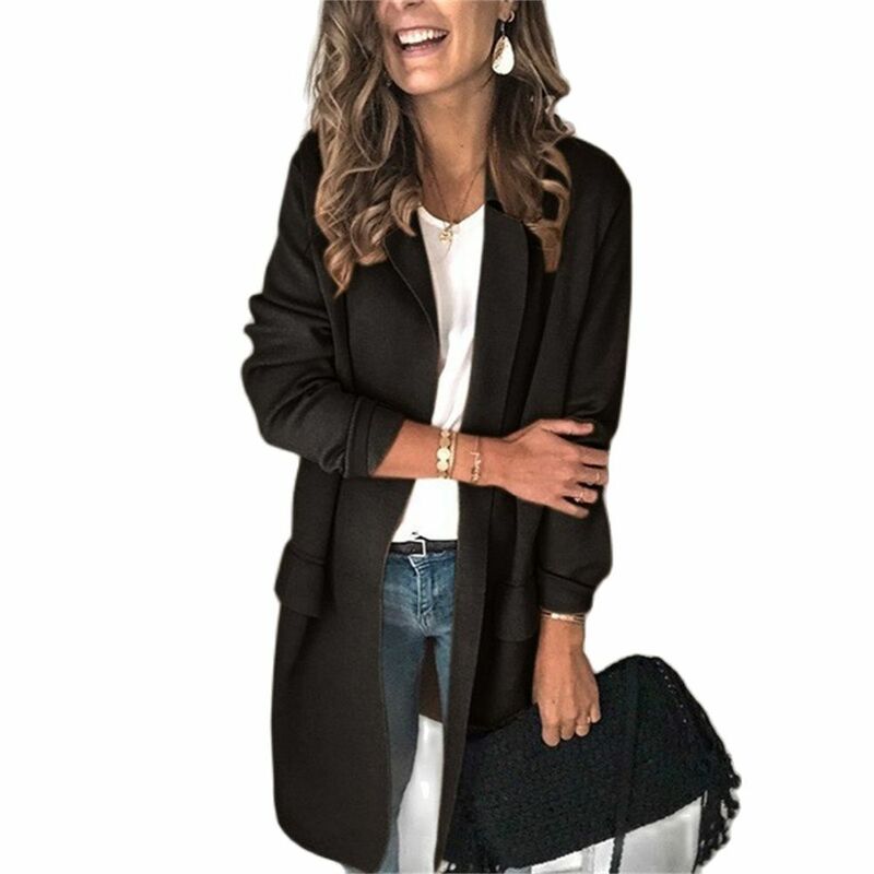 Chaqueta de traje informal de moda para mujer, abrigo largo de manga larga con cuello vuelto de Color sólido