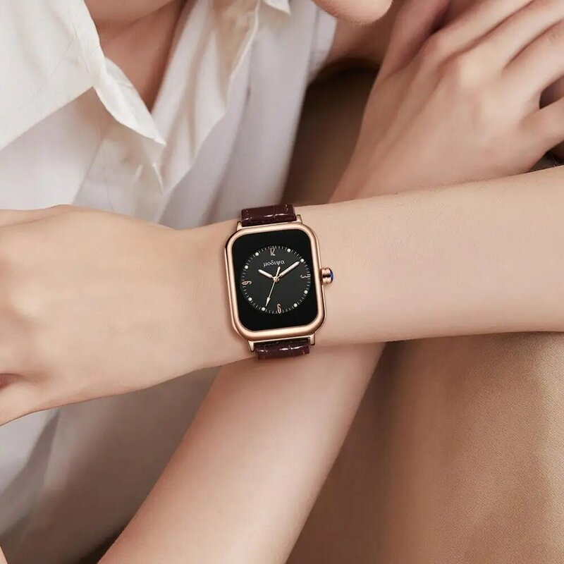 Jam tangan wanita elegan jam tangan kasual Dial persegi panjang wanita dengan tali kulit imitasi pergerakan Quartz modis untuk wanita