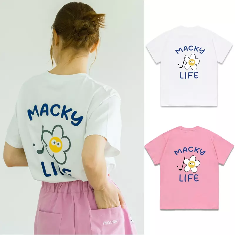 MACKY-Vestido feminino de golfe de algodão puro, camiseta com gola redonda, blusa solta manga curta, lazer verão, marca moderna, nova