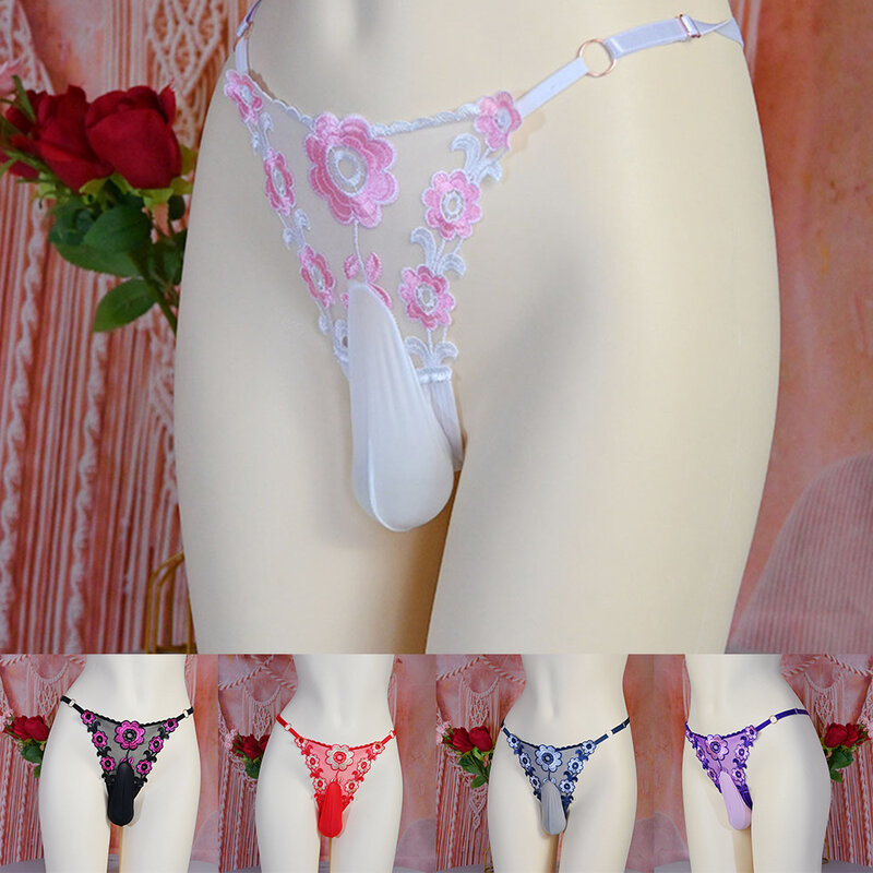 Floral Embroidery Mens Sissy Lace Pouch T-Panties Erotic Hombre Lingerie Thong G-String Briefs Panties Bikini Male Gay Underwear