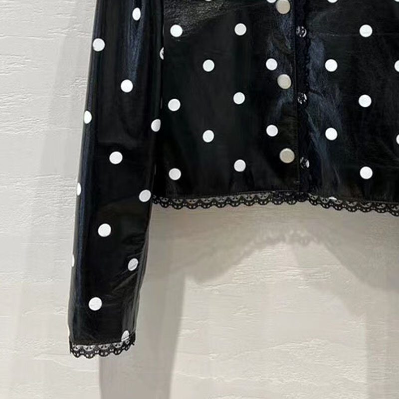 여성용 천연 가죽 재킷, 용수철 짧은 길이, 레이스 장식, 원형 패턴, 페인트 양, 고품질, 새로운 패션, 2023