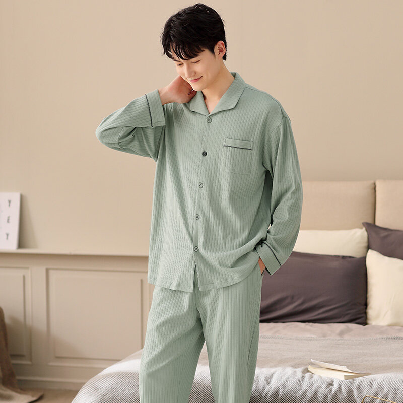 Autumn Cotton Pajamas Men 2 Pieces Lounge Sleepwear Pijamas Hombre Man's Bedgown Home Clothes Long Sleeve Cardigan Pajama Sets