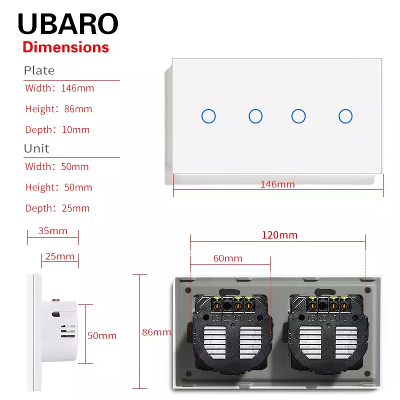 UBARO-Interruptor de luz táctil con Panel de cristal templado, de 4 entradas Interruptor eléctrico, 146mm, 100-240V, para electrodomésticos, UE y Rusia