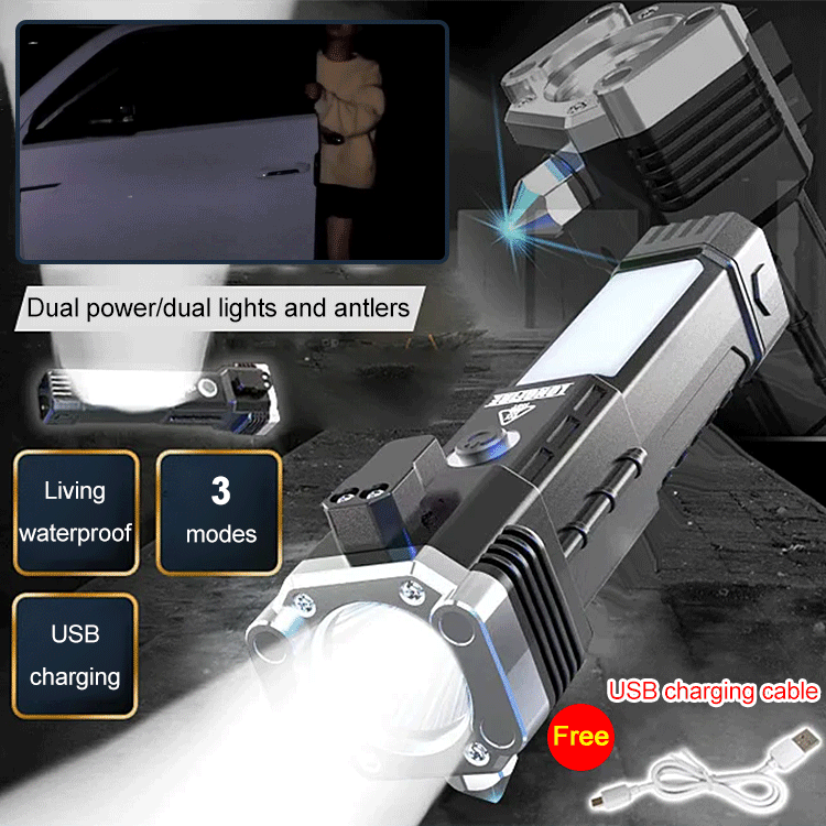 COB multifunctional flashlight maintenance work light car emergency flashlight Led Safety Hammer Strong Light Flashlight USB