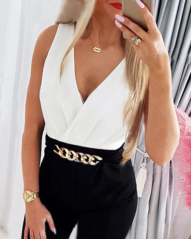 Deep V-Collar Contrast Color Jumpsuit Women Sleeveless Sexy High Waist Chain Summer Spring Overall Pants Jumpsuits