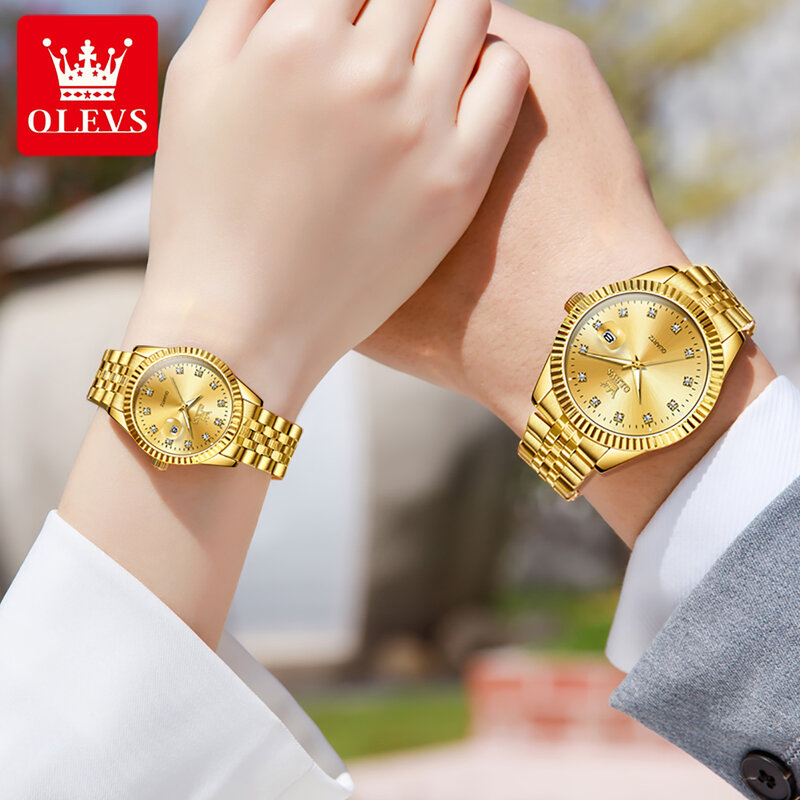 Olevs klassische Edelstahl Paar Uhr leuchtende Zeiger Datum Quarz Liebhaber gepaarte Uhr für Männer und Frauen Geschenk für Paar 5526