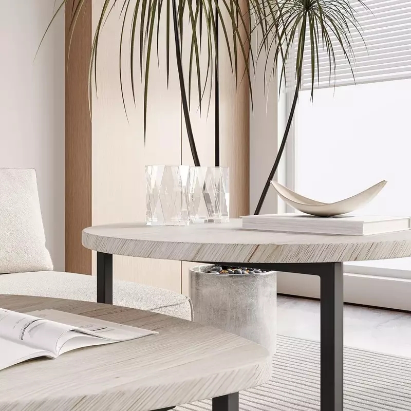 LISM-mesa de centro redonda HOJINLINERO, conjunto de 2 mesas finales para sala de estar, mesa pequeña negra para sala de estar, marco de Metal