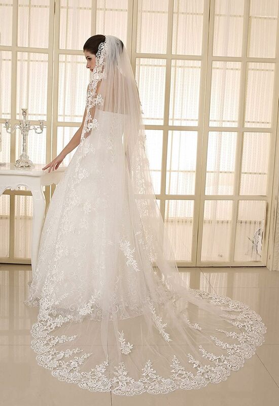 Women's Wedding Veils 1 Tier White Ivory 3M/4M/5M Lace Long Train Bridal Veil With Comb
