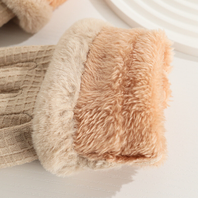 Women Winter Keep Warm Touch Screen Thickened Fleece Lattice Plush Wrist Fashion Elegant Temperament Soft Elasticity Gloves
