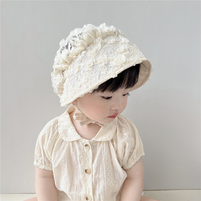 봄 여름 레이스 공주 스트랩 모자, 아기 태양 방패 모자, 꽃 액세서리, 통기성 어린이 소년 소녀 버킷 모자