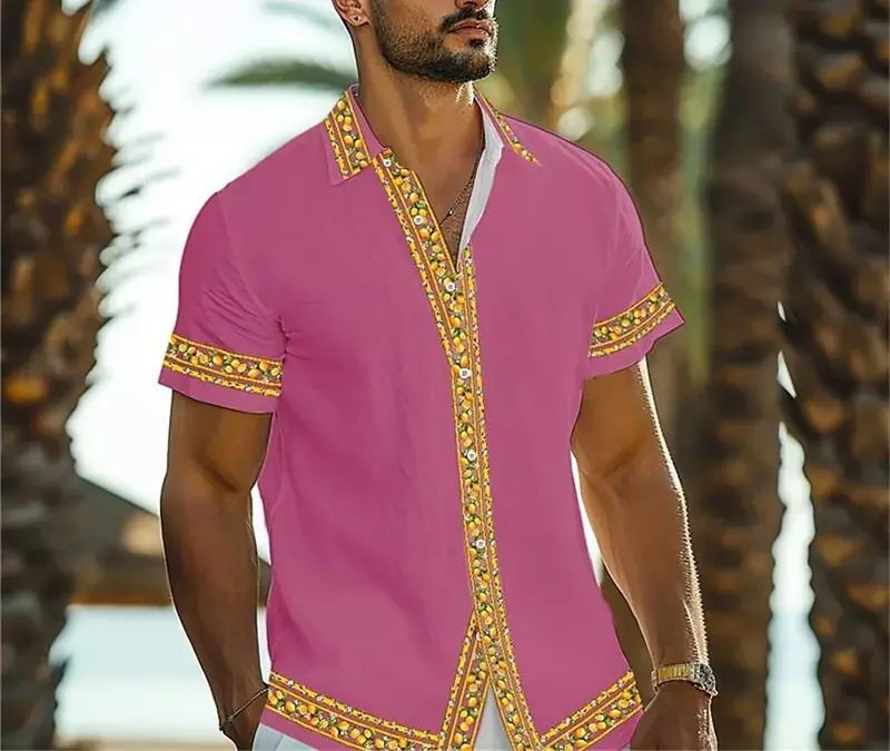 メンズハワイアン半袖シャツ、3Dパッチワークパターン、ラペルボタンアップ、プラスサイズ、カジュアルな休暇服