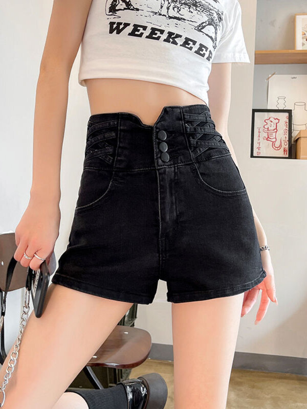 Shorts jeans de cintura alta para mulheres, calças vintage casuais para senhora, boate sexy, estilo coreano, hotsweet, puro, verão