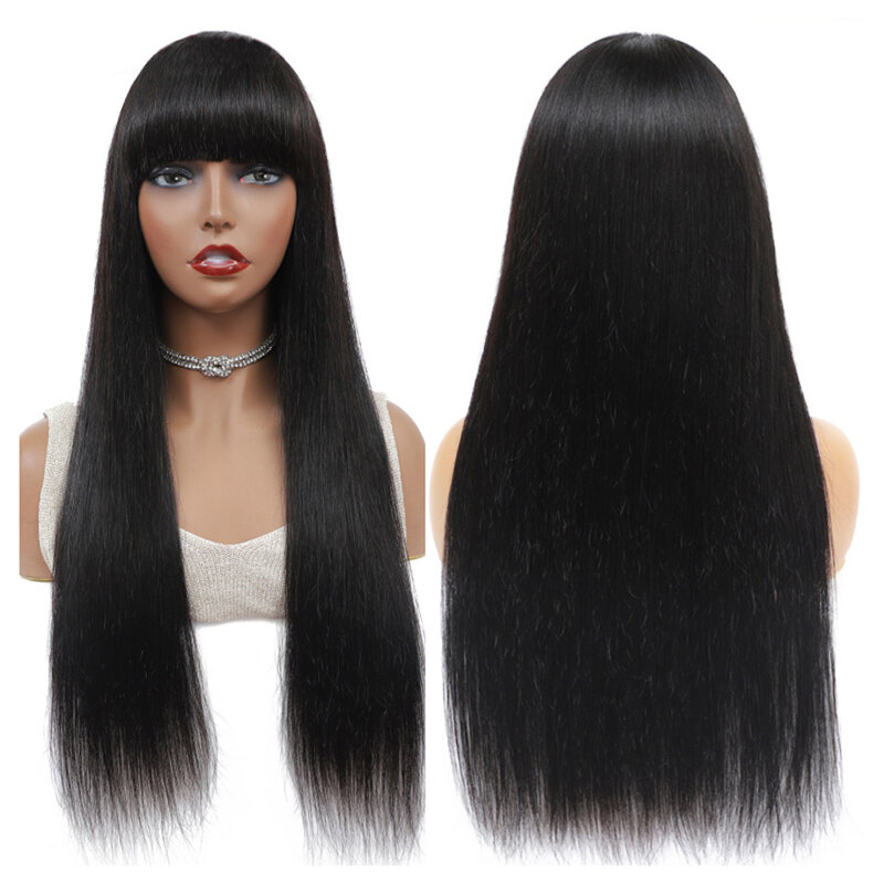 Full Machine Made Human Hair 34 Inch Long Fringe Bang Wig Straight Human Hair Wigs With Bangs For Women Brazilian Hair On Sale