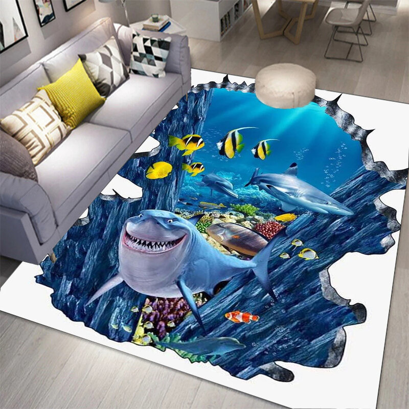 Underwater World Ocean Animal Carpet 3D Dolphin Fish Area Rug for Living Room Bedroom Bathroom Doormat Decor Non-Slip Floor Mat