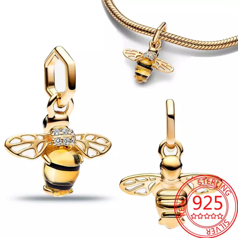 Abalorio de abeja brillante de oro de 14K para pulsera y collar Pandora, joyería romántica de Plata de Ley 925, joyería de fiesta de boda para niña