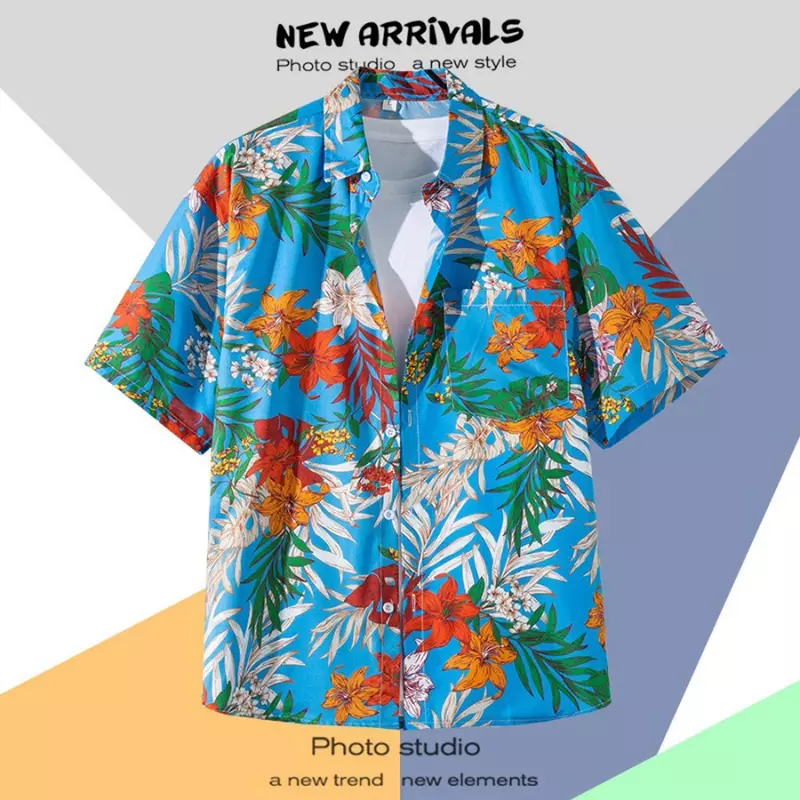 Гавайская Мужская рубашка с отложным воротником, модная пляжная сорочка с коротким рукавом и цветочным принтом в ретро стиле, праздничная пляжная рубашка в гонконгском стиле, лето