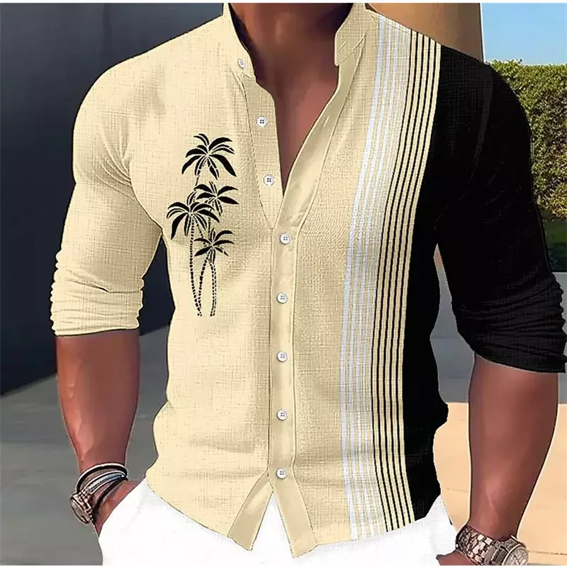 Гавайская Мужская рубашка с воротником-стойкой, Повседневная Уличная удобная мягкая рубашка с длинными рукавами, пуговицами и воротником-стойкой, 6XL, 2023