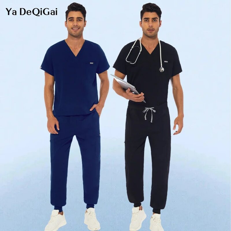 Homens bolso uniforme de enfermagem enfermeira manga curta decote em v esfrega topos médico roupas de trabalho médica esfrega calças uniformes blusa conjuntos