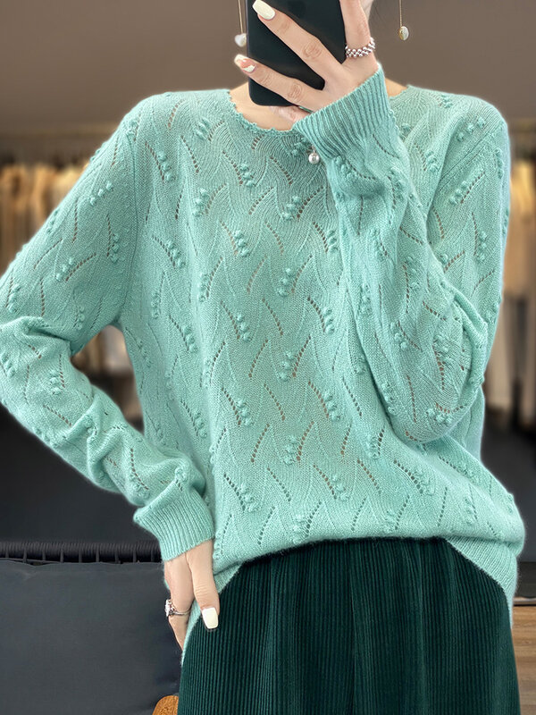 Aliselect-suéter ahuecado con cuello redondo para mujer, Jersey Vintage de lana merina de manga larga, prendas de punto, Tops de primavera y otoño, 100%