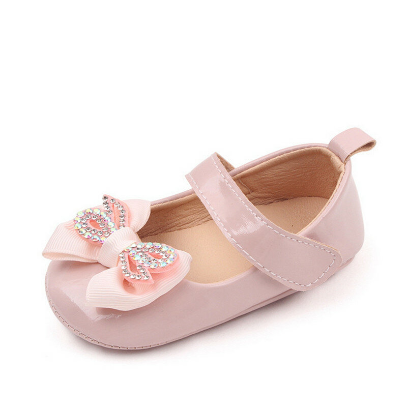 Scarpe da principessa per neonate morbide strass con fiocco in pelle PU antiscivolo scarpe da primo camminatore articoli per bambini