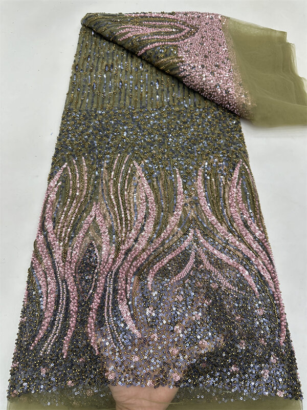 Afrykańska koronkowa tkanina z cekinami 2024, wysokiej jakości haft z koralikami, nigeryjska francuska koronka tiulowa na materiał ślubny Rf