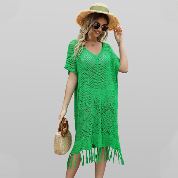 High Quality 2024 Summer Hot Selling Solid Color Hollowed Out V-neck Loose Oversized Fringe Beach Skirt Maxi Dresses for Women