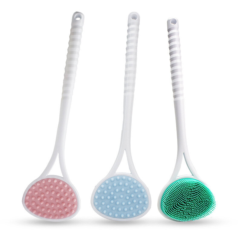 Bath Brush With Long Handle Silicone Doubleside Back Cleaning Soft Bristles Scrubber Massage Brush Washing Tools 1pc